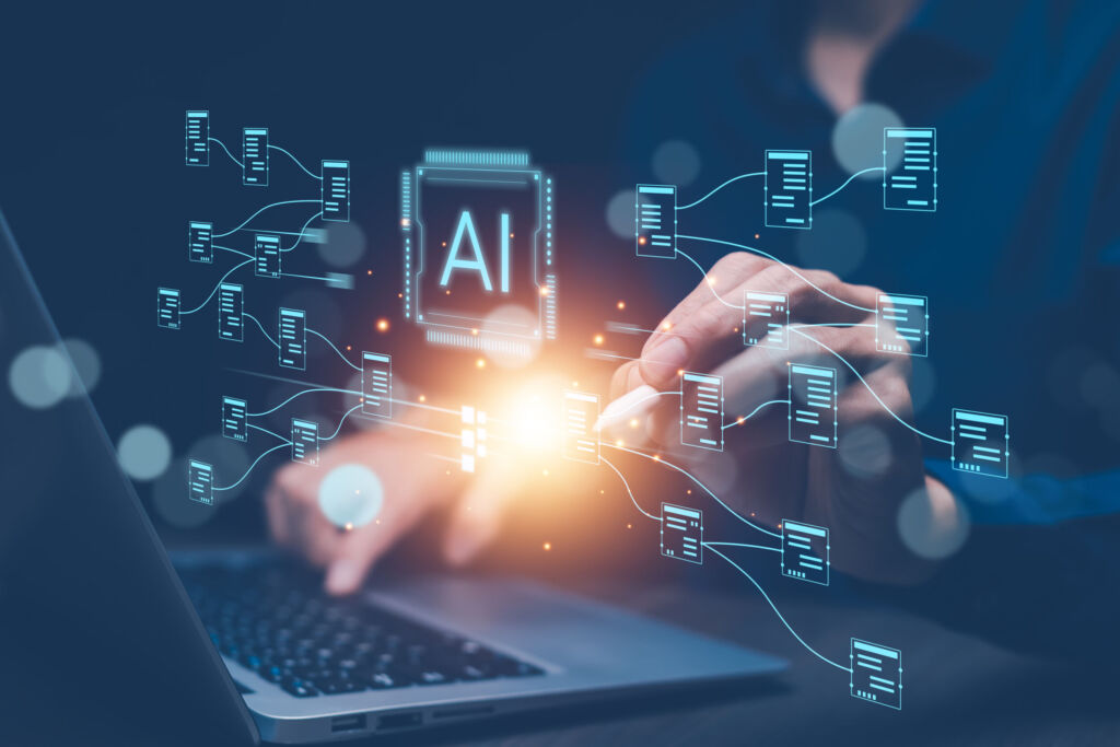 BSI veröffentlicht G7-Richtlinie zu SBOM for AI 1 Programmer people working laptops or smartphones with AI, artificial intelligence software engineer coding on laptop computers with technology icons and binary code, big data, Ai bot digital machine