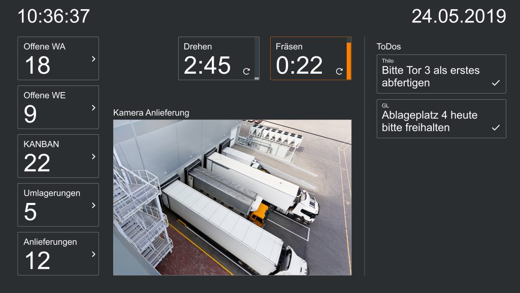 Mobile Boards für Staplerfahrer – inklusive SAP-, Counter- und Webcam-Daten. (Beispielscreen) (Bild: Peakboard GmbH)